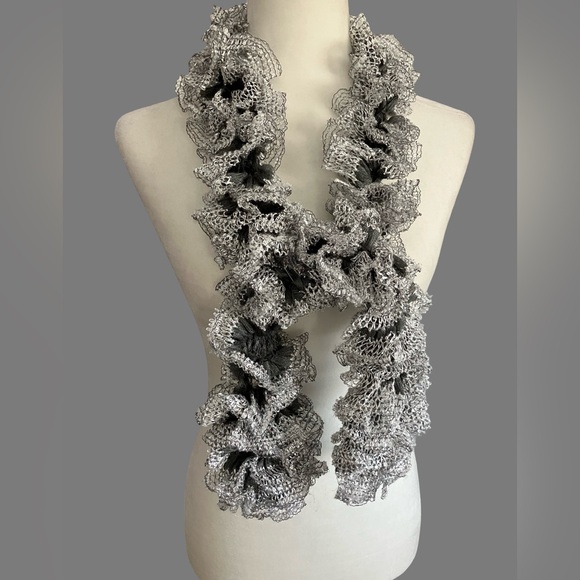 Women’s Beautifully Crafted Ruffle Scarf Lacy Mesh Design Boho White Dark Gray - Picture 6 of 10